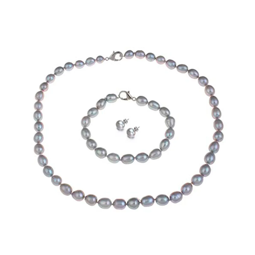 Elegant 8-9mm Rice Shape Freshwater Pearl Necklace, Bracelet and Earrings Set