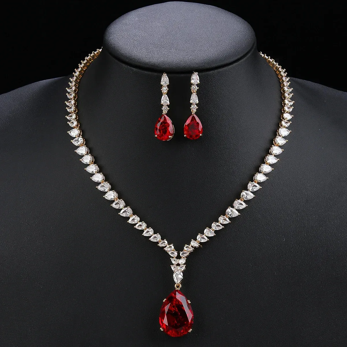 Elegant CZ Water Drop Cubic Zirconia Pendant  Necklace  Earrings Set Bridal Wedding Jewelry Sets for Women Gift CN10536