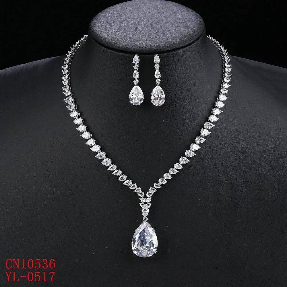 Elegant CZ Water Drop Cubic Zirconia Pendant  Necklace  Earrings Set Bridal Wedding Jewelry Sets for Women Gift CN10536