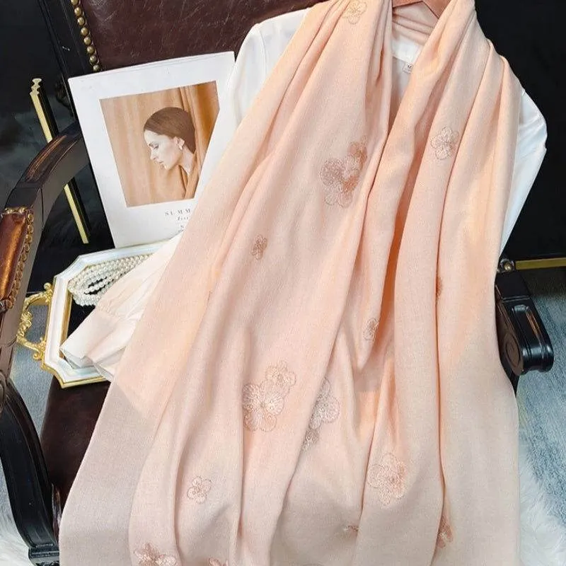 Embroidery 100% Pure Wool Cashmere Scarf for Winter 200x60 cm