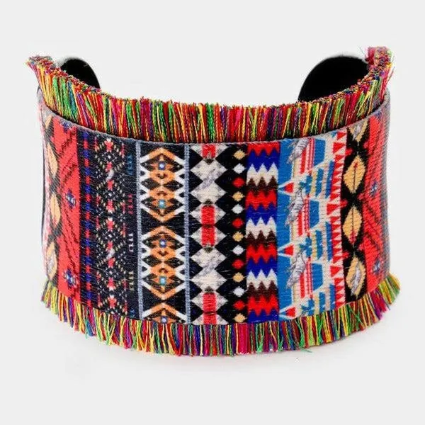 Embroidery Boho Pattern Tassel Trim Cuff Bracelet