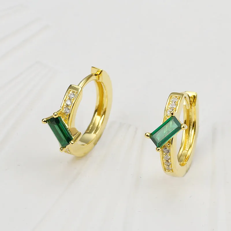 Emerald Cut Green Zircon Silver Hoop Earrings for Women