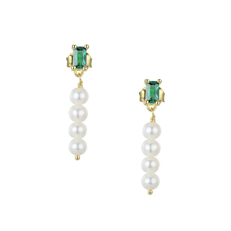 Emerald Cut Green Zircon with Beading Pearl Silver Drop Earrings for Women