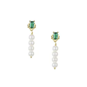 Emerald Cut Green Zircon with Beading Pearl Silver Drop Earrings for Women