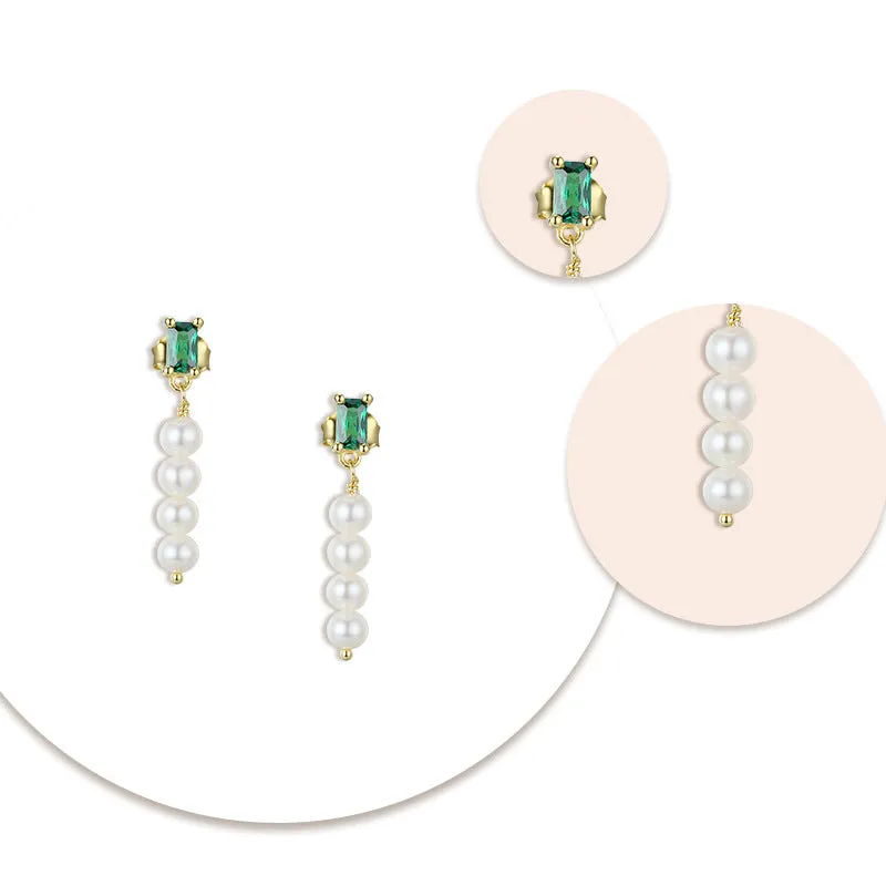 Emerald Cut Green Zircon with Beading Pearl Silver Drop Earrings for Women