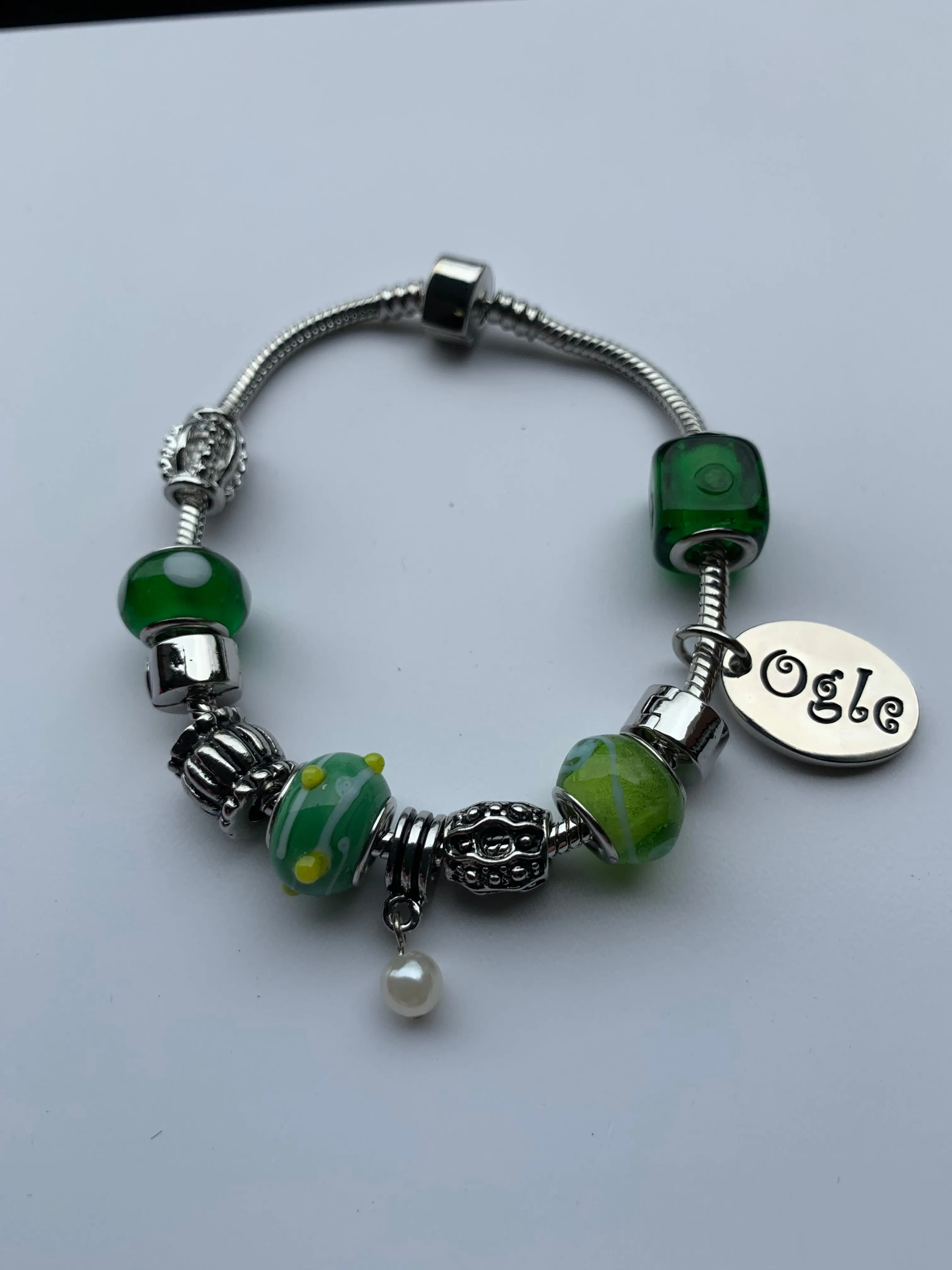 Emerald Green Charm Bead Bracelet, Modern Day Design by Culzean Ogle (02) Personalised Engraved