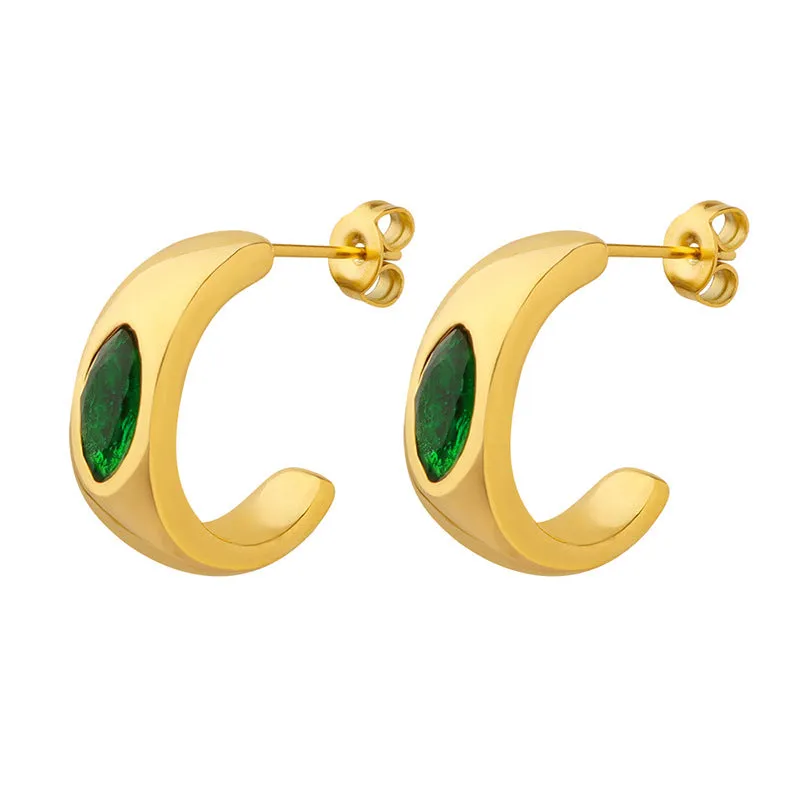 Emerald Zircon 18K Gold-Plated C-Shaped Earrings Set in Titanium Steel