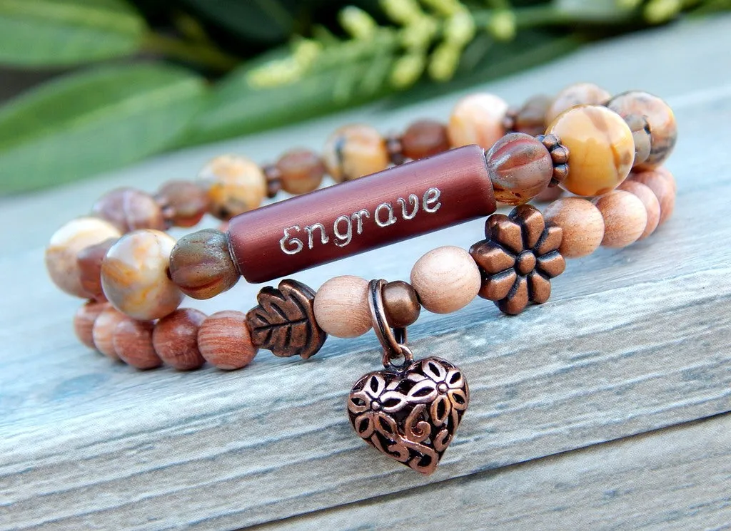 Engraved Bracelet - Nature Jewelry with Rosewood and Beads