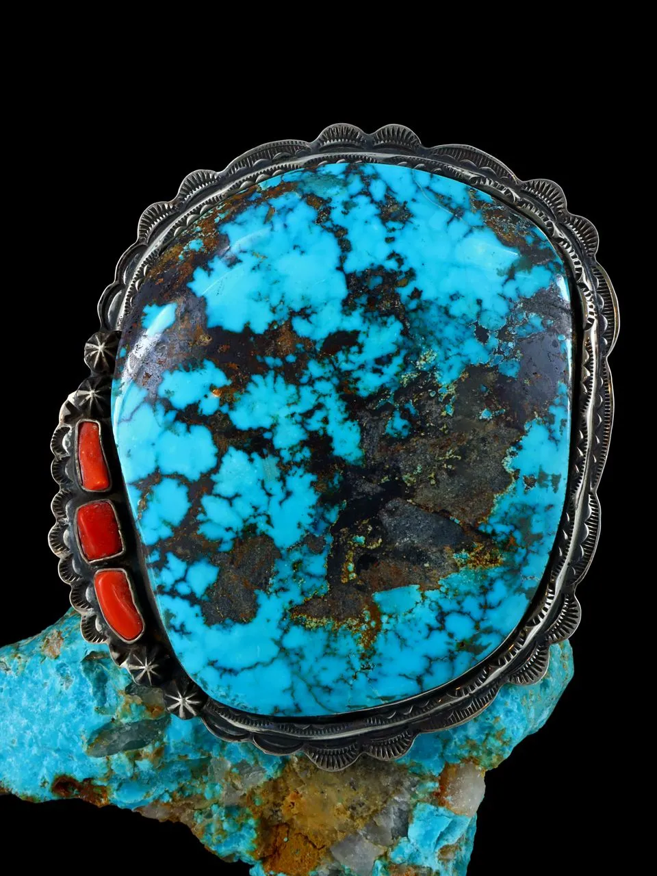 Estate Massive Cloud Mountain Turquoise and Coral Sterling Silver Cuff Bracelet