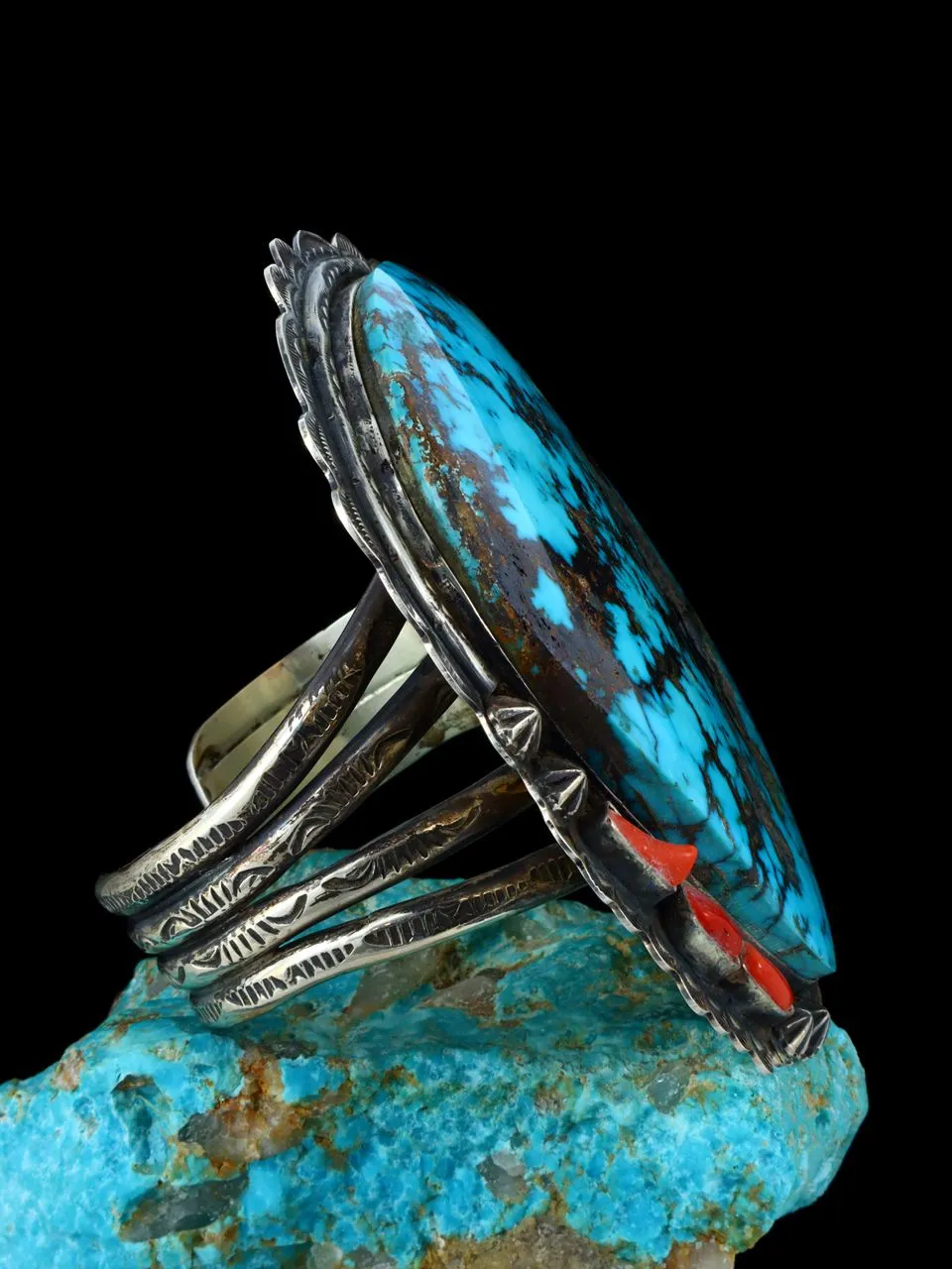 Estate Massive Cloud Mountain Turquoise and Coral Sterling Silver Cuff Bracelet