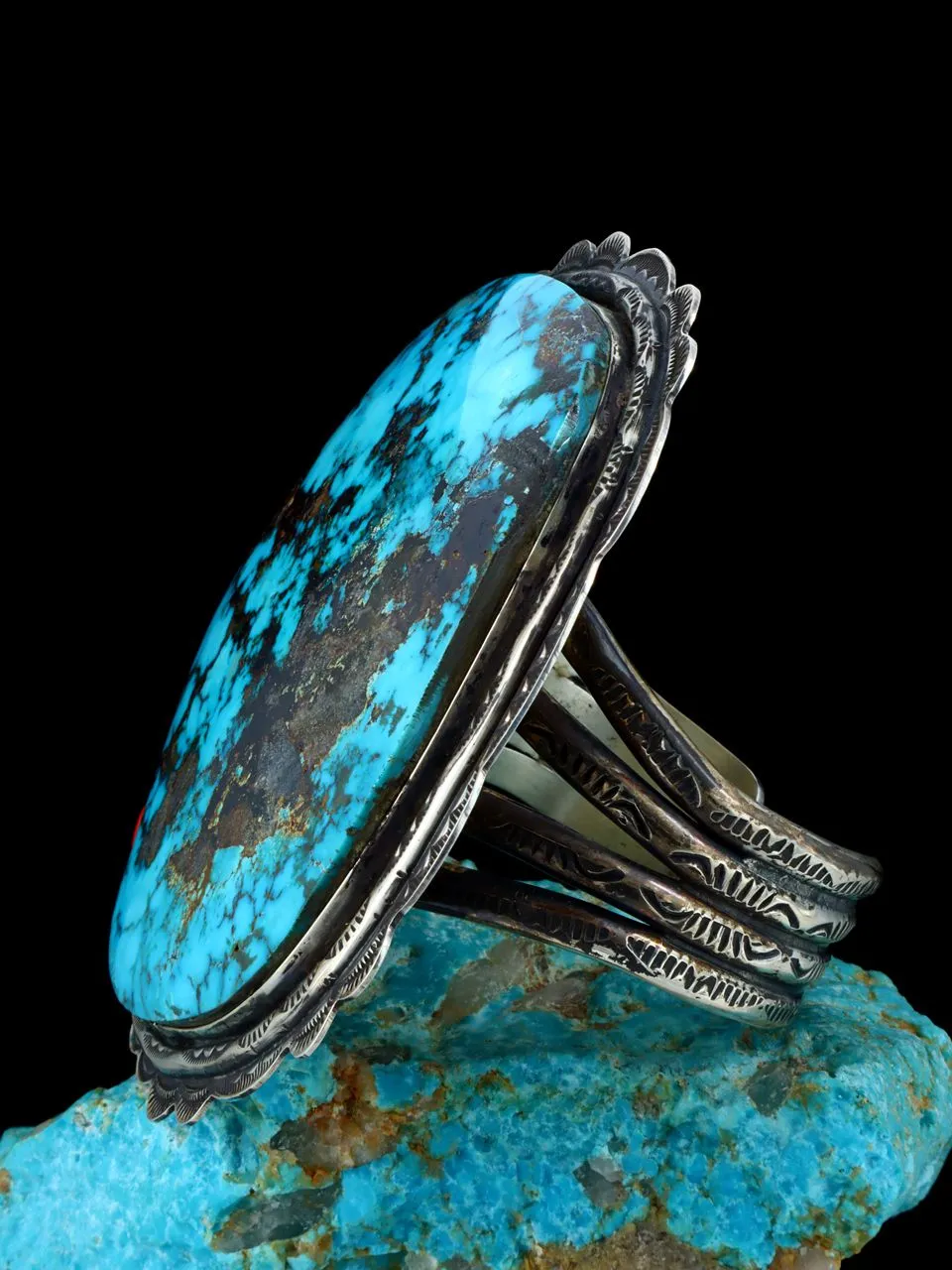 Estate Massive Cloud Mountain Turquoise and Coral Sterling Silver Cuff Bracelet