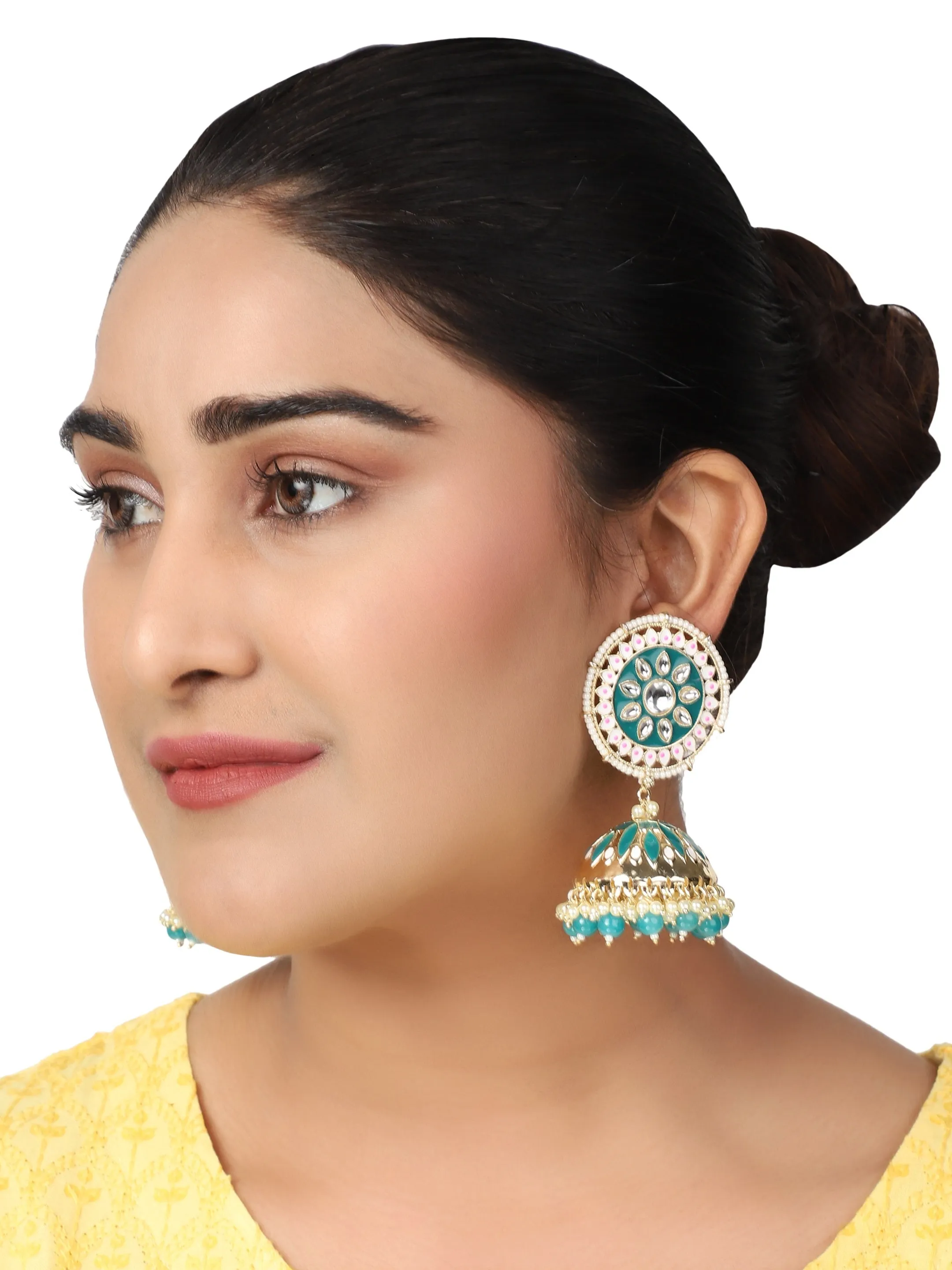 Ethnic Look Gold Tone Meenakari Green Floral Jhumka Earring - Anikas Creation