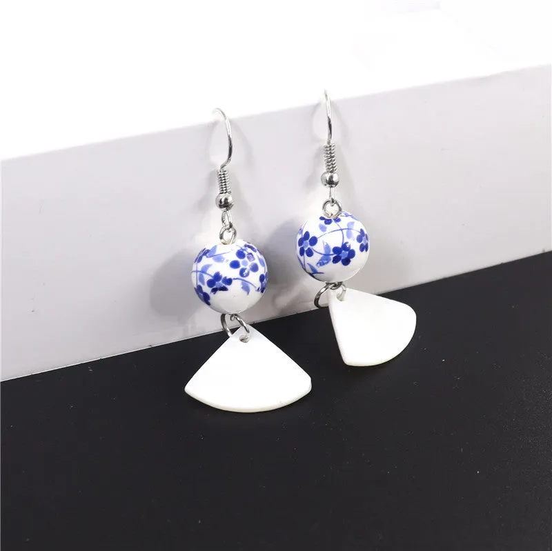 Ethnic style earrings blue and white porcelain printed ceramic fan-shaped shell earrings female long