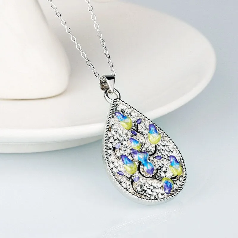 Exquisite Orchid Flower Enamel Pendant Necklaces with Zircon in 925 Sterling Silver