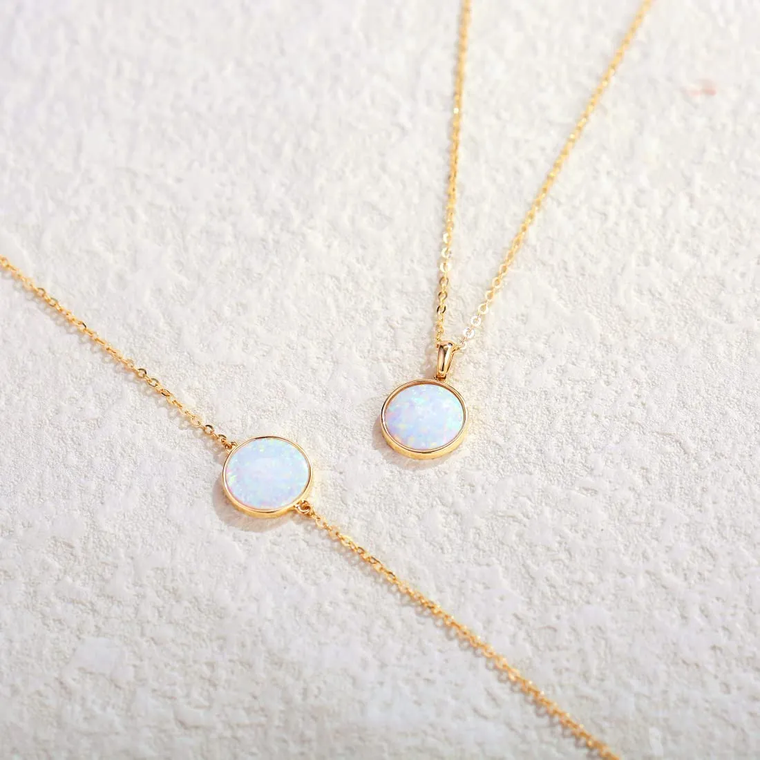 FANCIME Created White Opal Round14K Real Yellow Gold Necklace