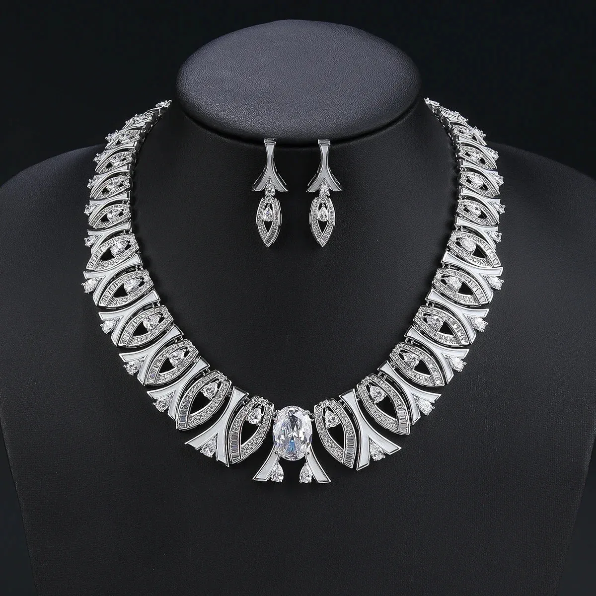 Fashion Cubic Zirconia Colored Enamel Necklace Earrings Set For Women Wedding Bridal White Zirconia Jewelry Set CN11269