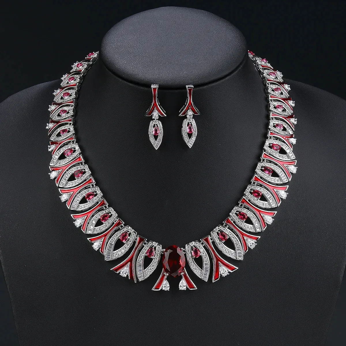 Fashion Cubic Zirconia Colored Enamel Necklace Earrings Set For Women Wedding Bridal White Zirconia Jewelry Set CN11269