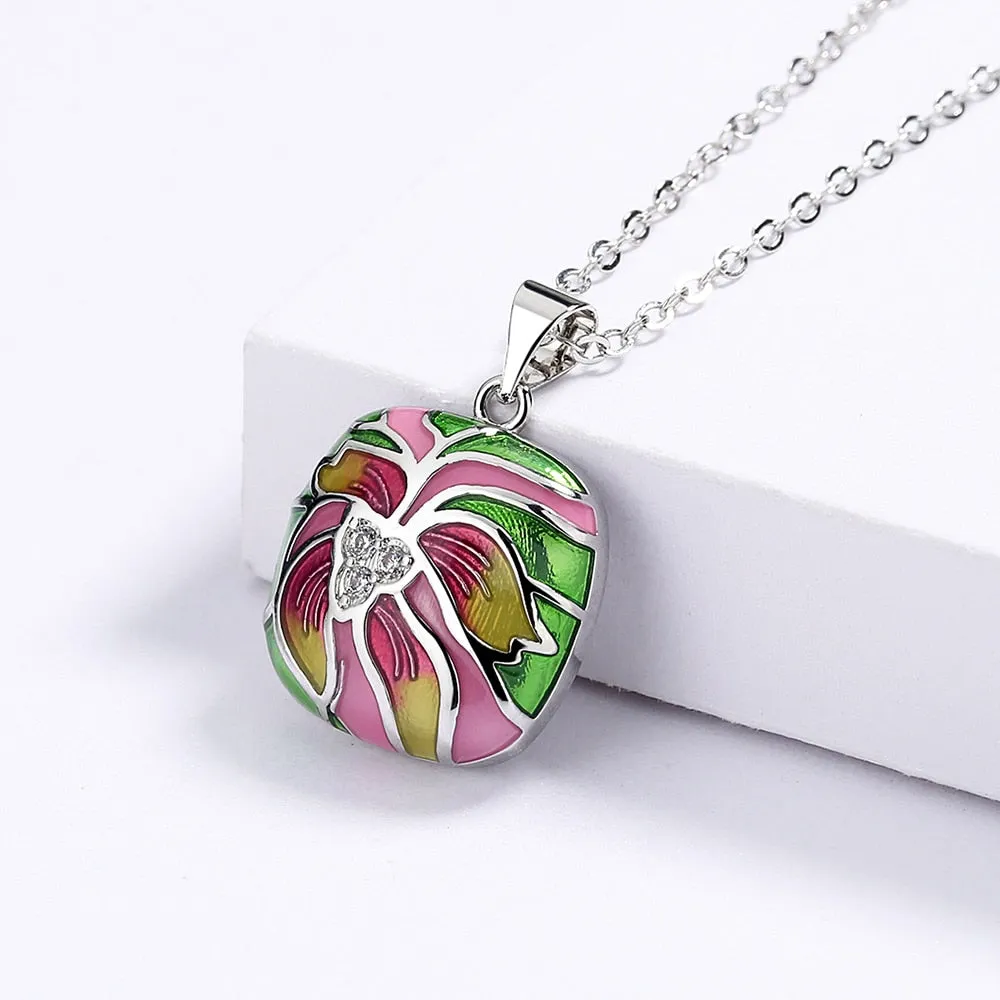 Fashion Jewelry Ethnic Style Lotus Flower Enamel Pendant Necklaces with Zircon