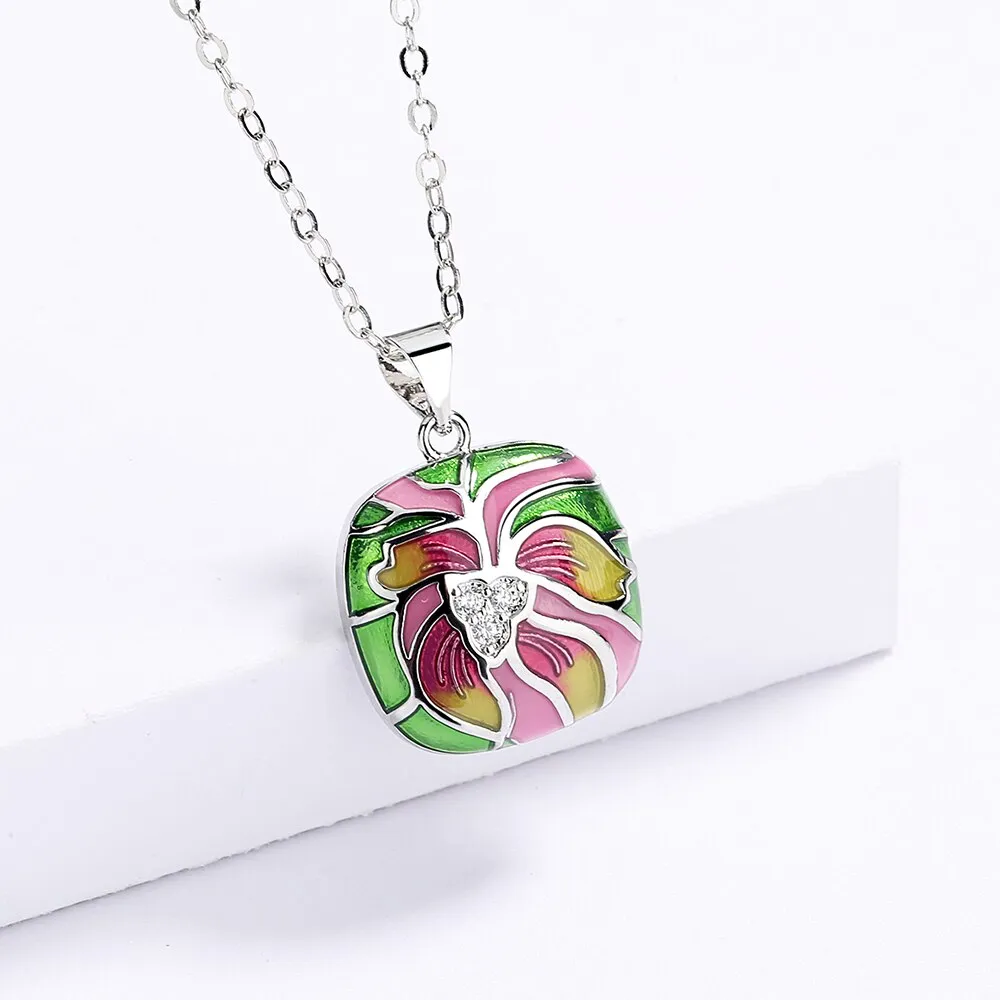 Fashion Jewelry Ethnic Style Lotus Flower Enamel Pendant Necklaces with Zircon