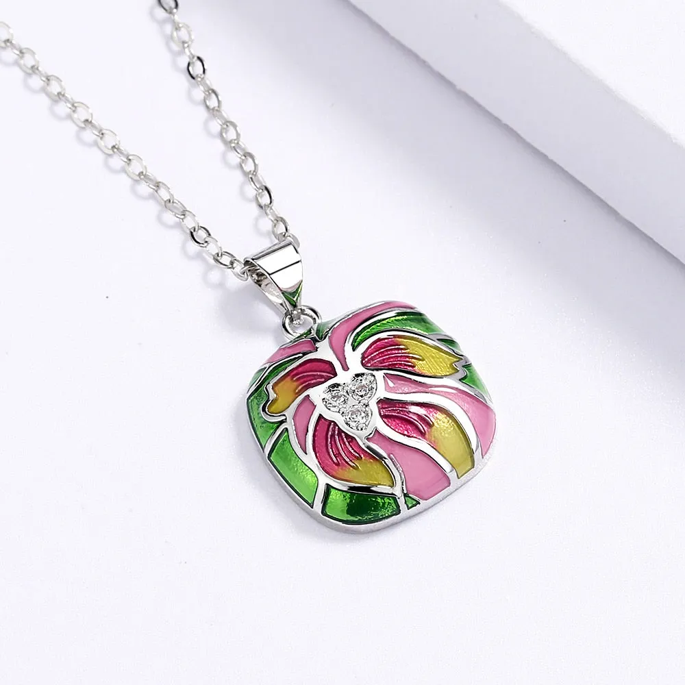 Fashion Jewelry Ethnic Style Lotus Flower Enamel Pendant Necklaces with Zircon