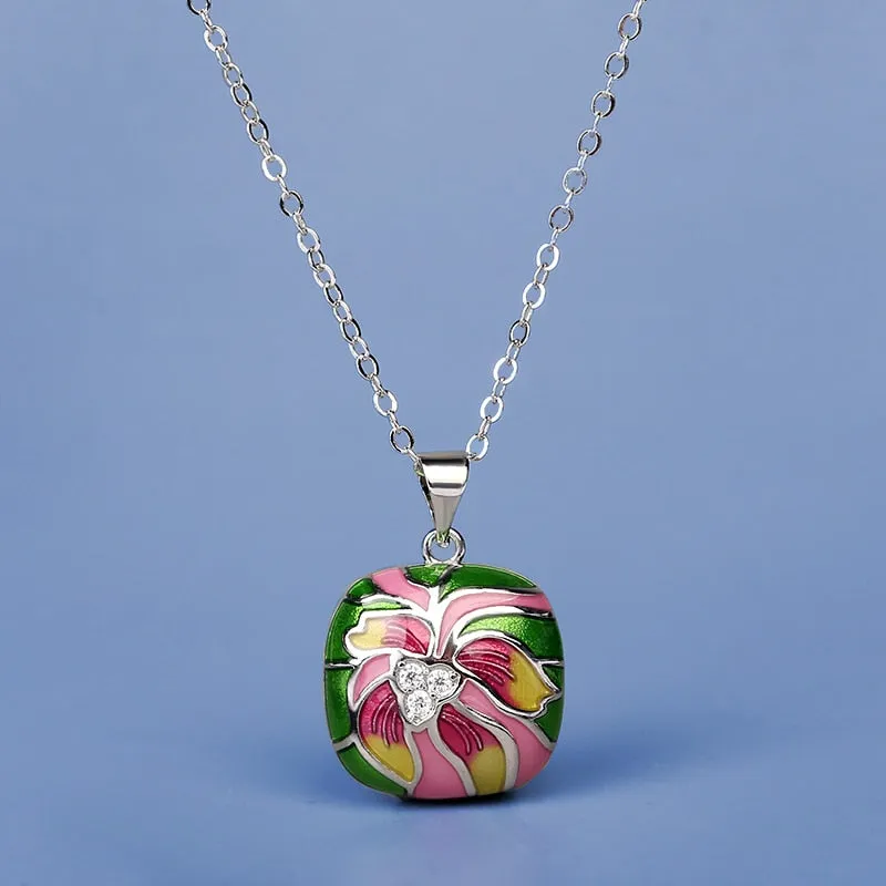 Fashion Jewelry Ethnic Style Lotus Flower Enamel Pendant Necklaces with Zircon