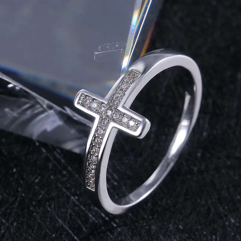 Fashion Jewelry Micro Pave Simple Cross Ring for Women with Zircon in Silver Color