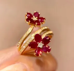 Fashion Vintage Delicate Floral Ruby Rings for Female Temperament Inlaid Full of Cubic Zirconia Opening Ring Party Birthday Gift