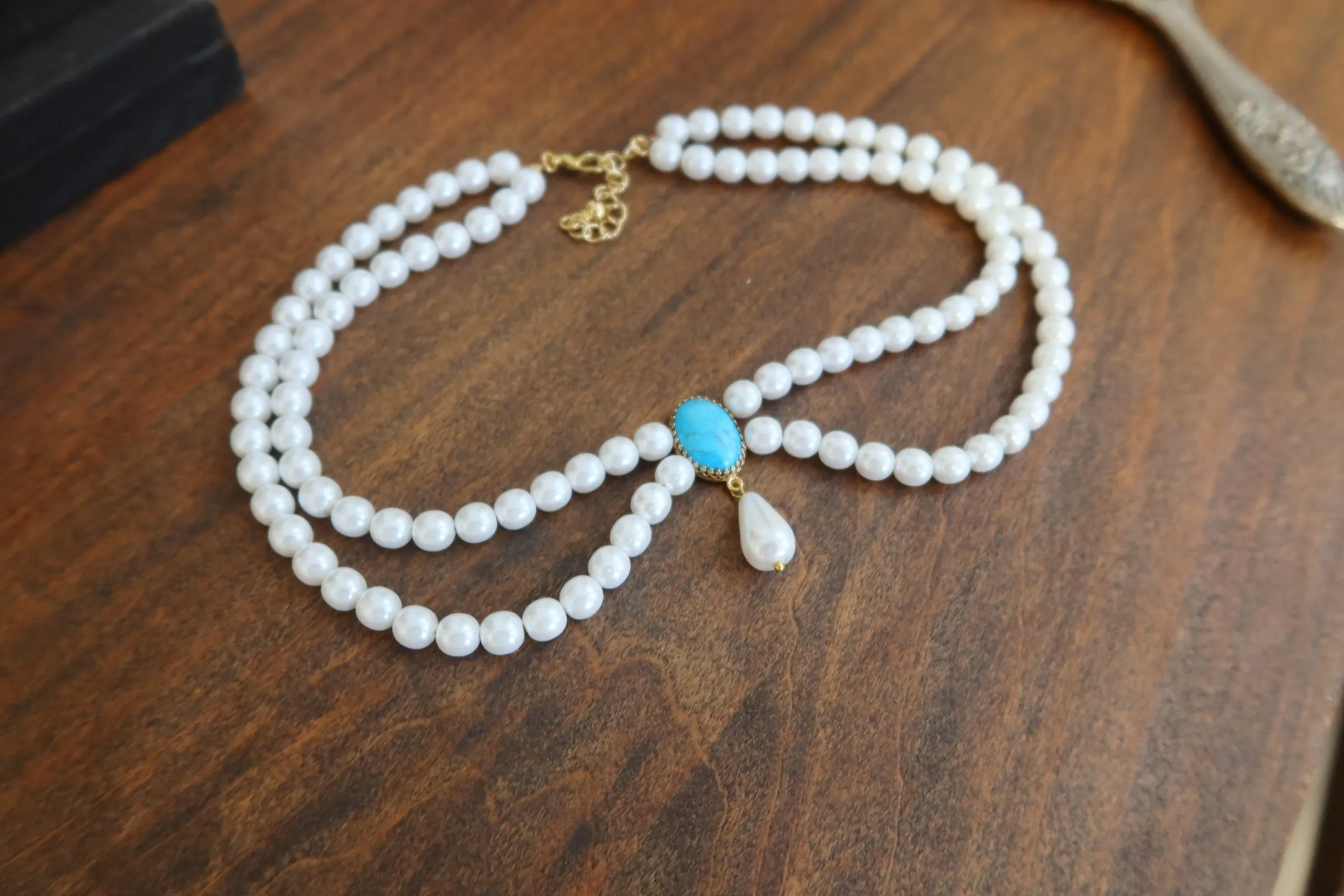 Festoon Necklace - Pearl and Turquoise with Dangle