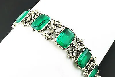 Fine Antique Edwardian Green & White Paste Silver Bracelet