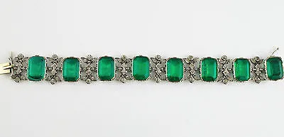 Fine Antique Edwardian Green & White Paste Silver Bracelet