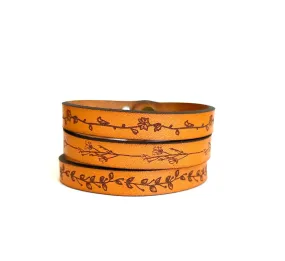 Floral Engraved Thin Leather Bracelet