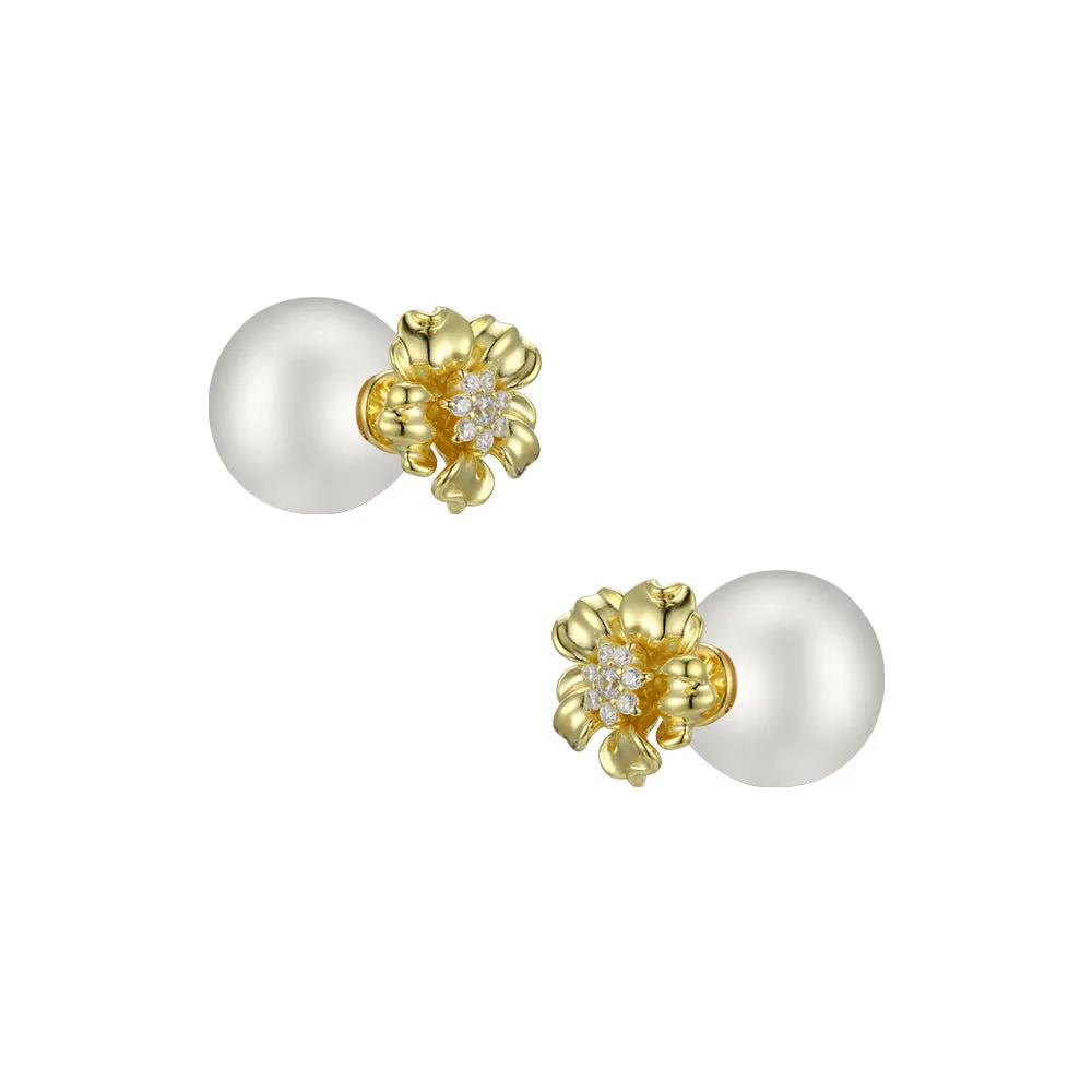 Flower with Zircon Round Pearl Silver Studs Earrings for Women