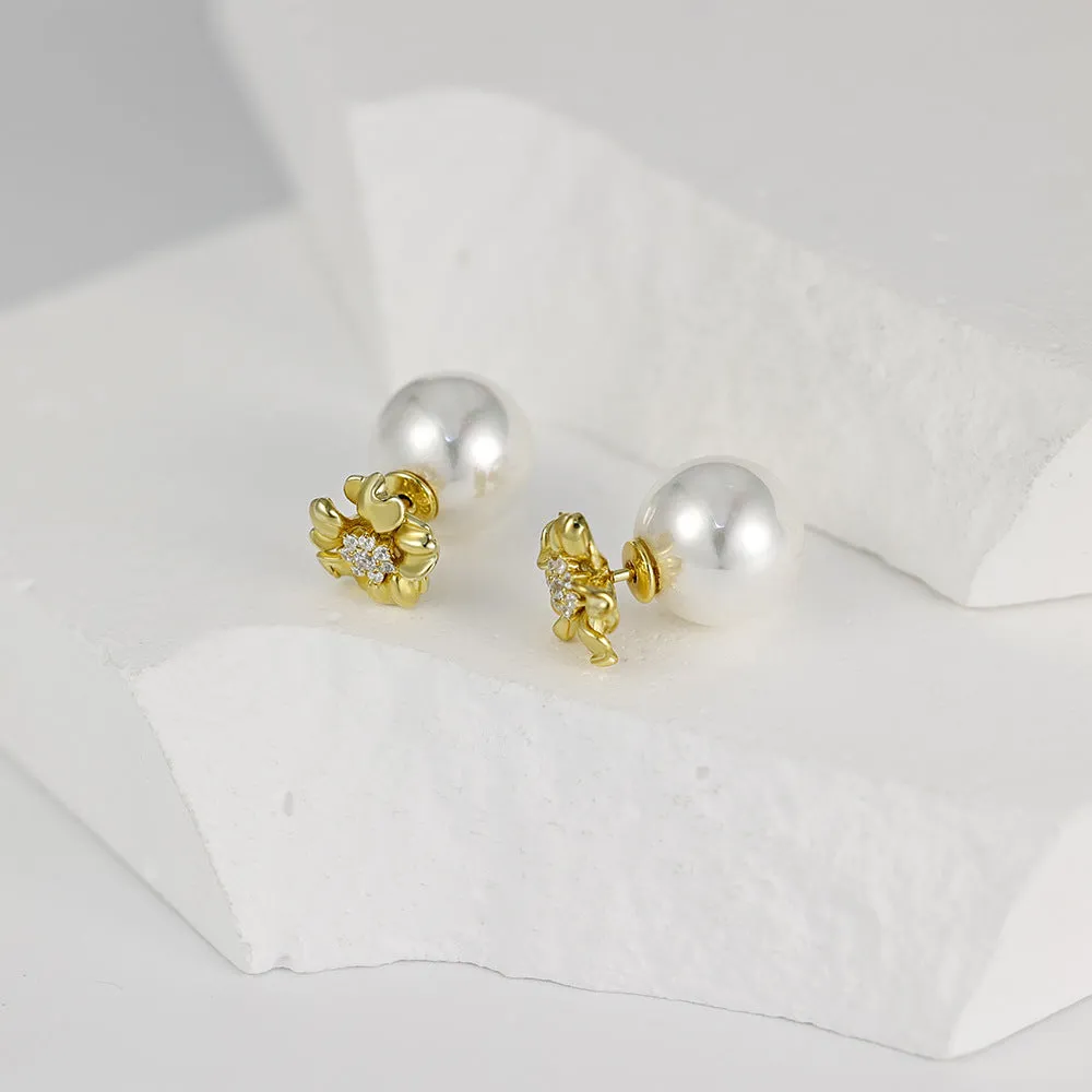 Flower with Zircon Round Pearl Silver Studs Earrings for Women