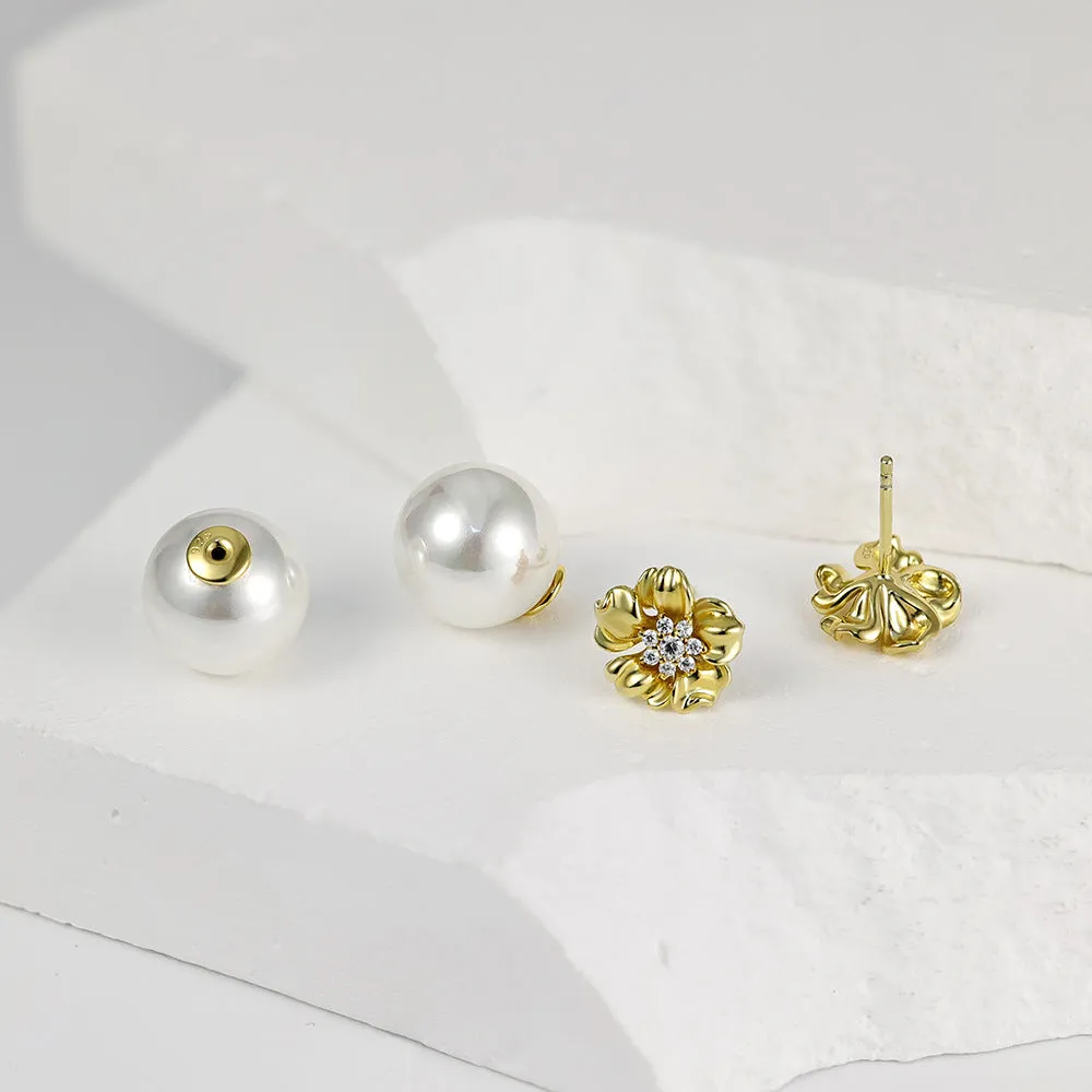 Flower with Zircon Round Pearl Silver Studs Earrings for Women