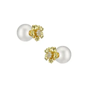 Flower with Zircon Round Pearl Silver Studs Earrings for Women