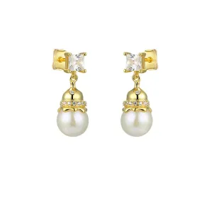 Freshwater Pearl Gourd with Princess Cut Zircon Silver Drop Earrings for Women