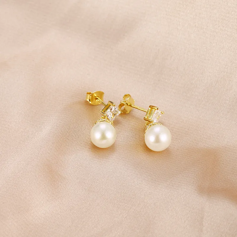 Freshwater Pearl Gourd with Princess Cut Zircon Silver Drop Earrings for Women