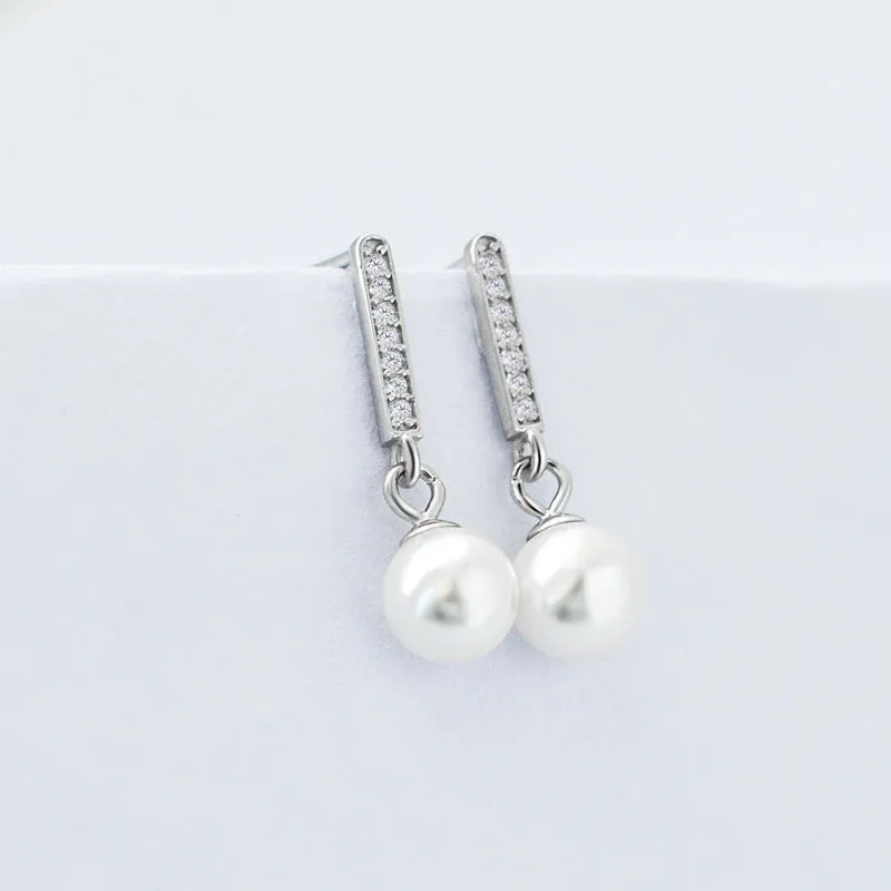 Freshwater Pearl with Zircon Short Strip Silver Drop Earrings for Women