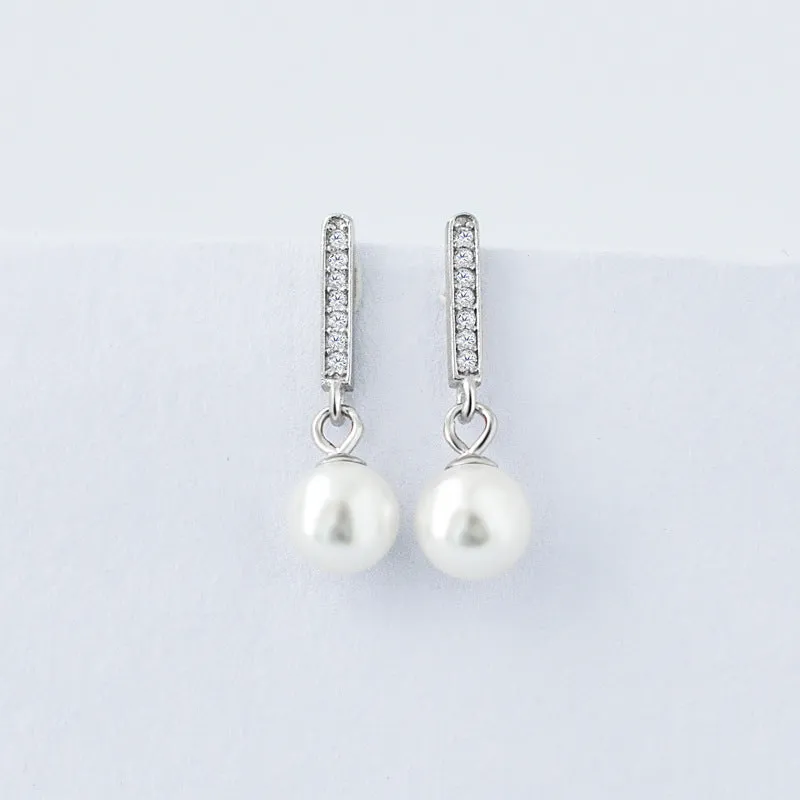 Freshwater Pearl with Zircon Short Strip Silver Drop Earrings for Women