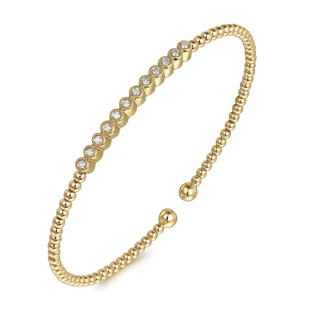 Gabriel & Co 14K Yellow Gold Bujukan Bead Cuff Bracelet with Bezel Set Diamond Stations