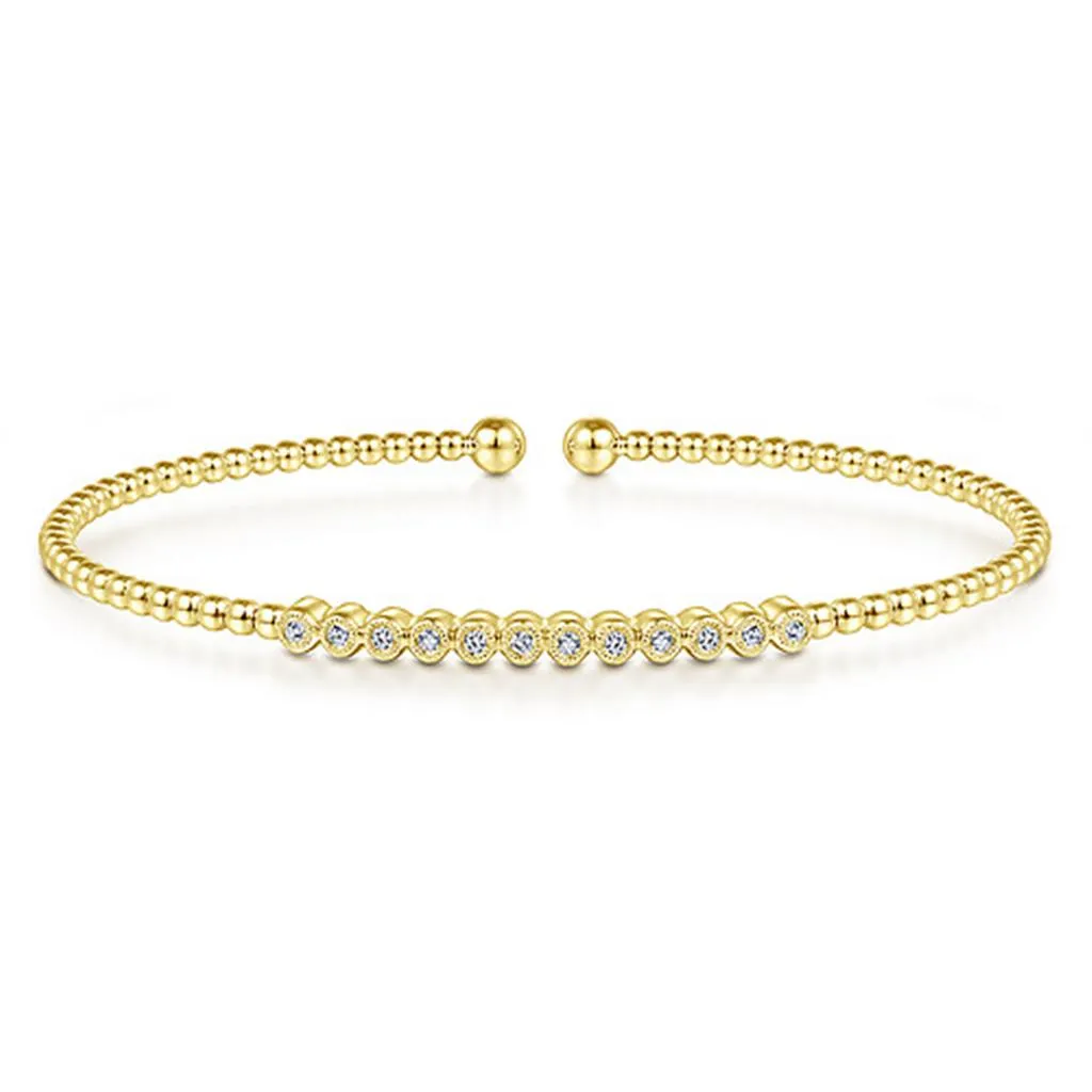 Gabriel & Co 14K Yellow Gold Bujukan Bead Cuff Bracelet with Bezel Set Diamond Stations