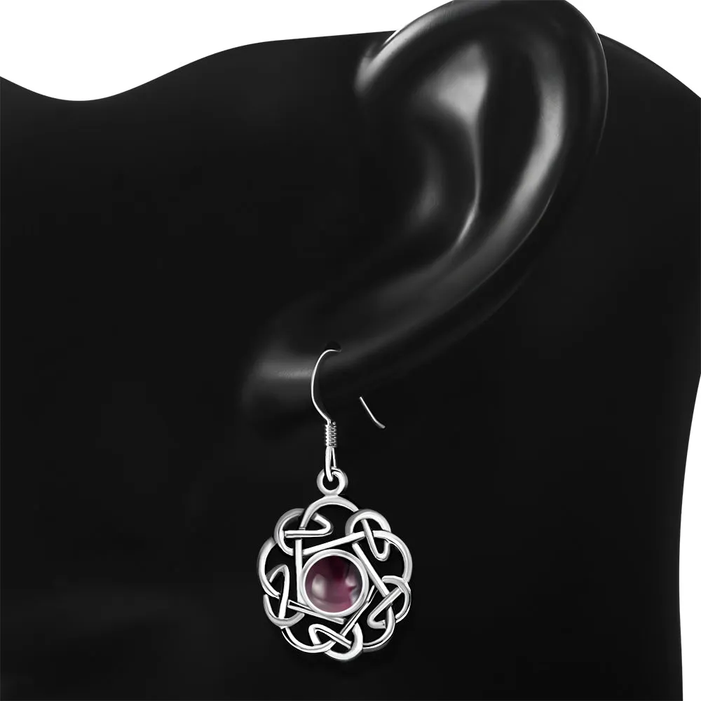 Garnet Round Celtic Knot Silver Earrings