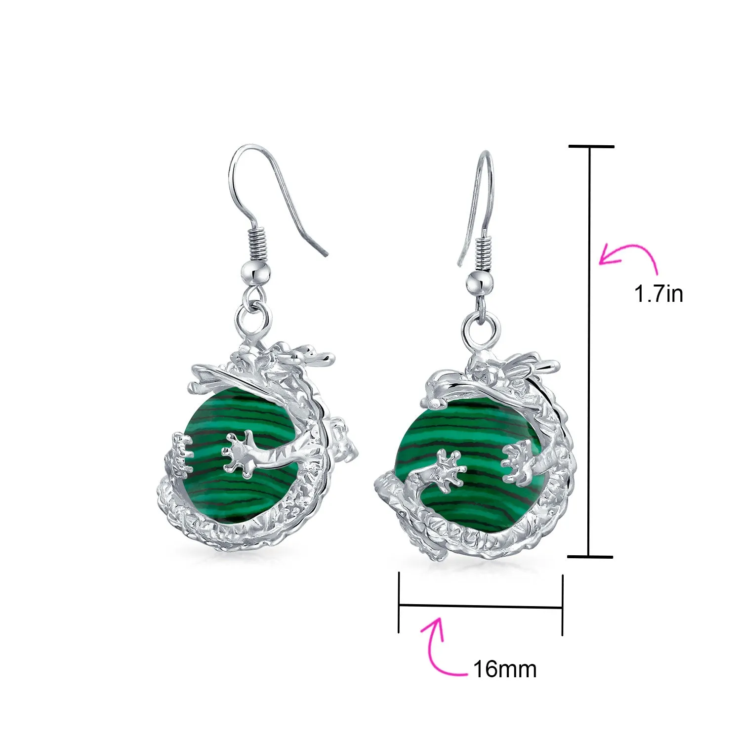 Gemstone Large Statement Round Ball Orb Dragon Dangle Earrings Silver Plated