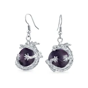 Gemstone Large Statement Round Ball Orb Dragon Dangle Earrings Silver Plated