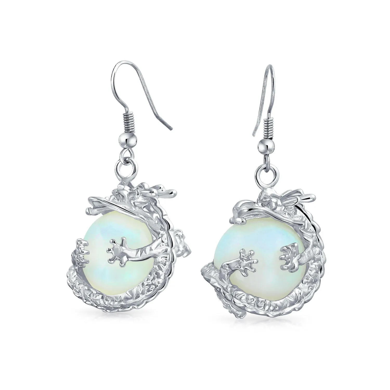 Gemstone Large Statement Round Ball Orb Dragon Dangle Earrings Silver Plated