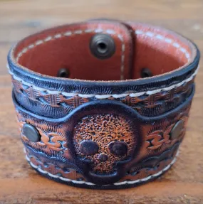 Genuine Leather Handmade Sugar Skull Cuff Bracelet