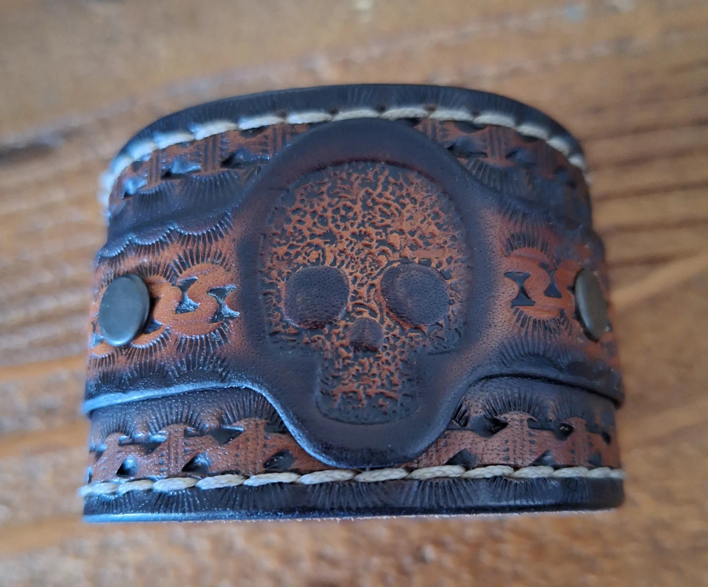 Genuine Leather Handmade Sugar Skull Cuff Bracelet