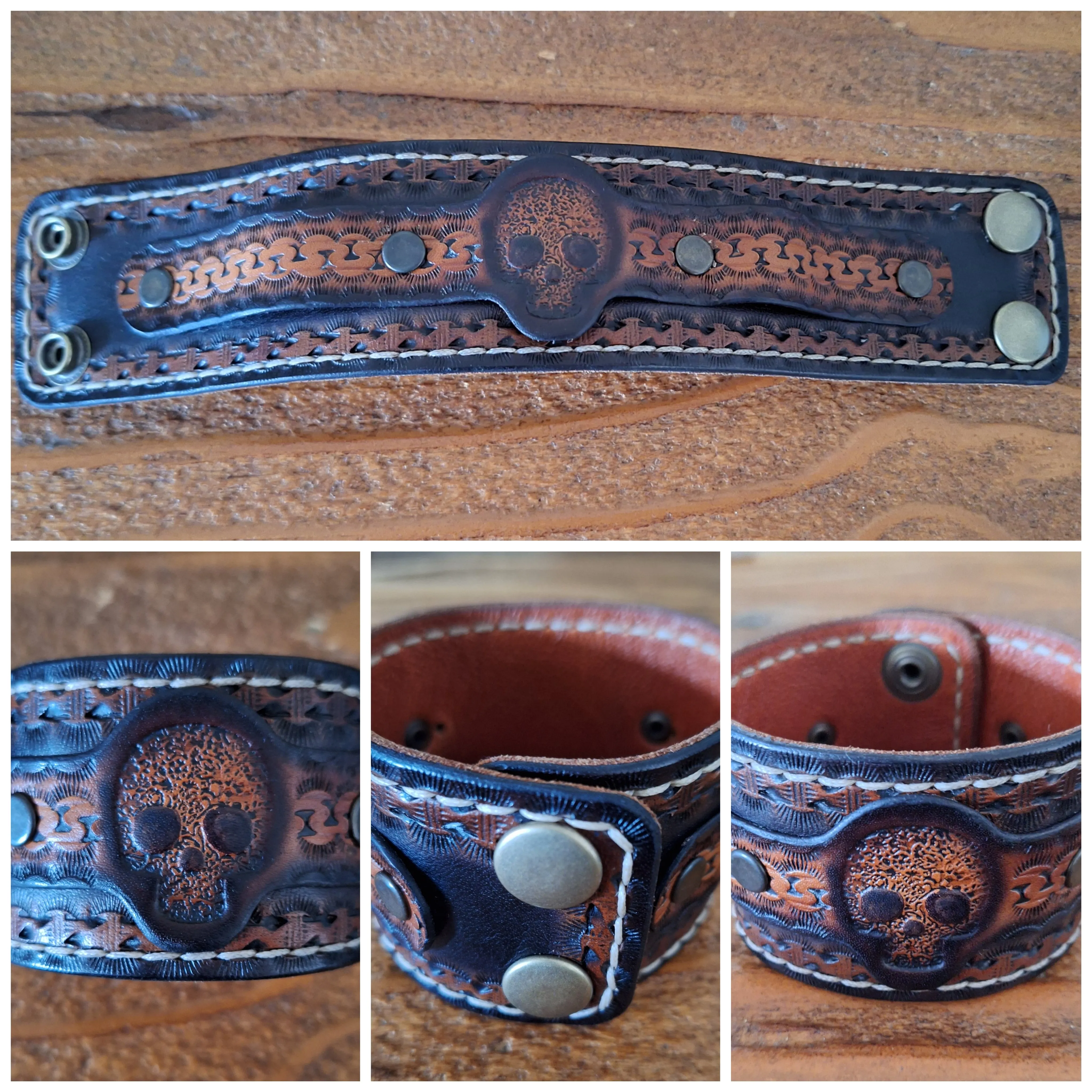 Genuine Leather Handmade Sugar Skull Cuff Bracelet