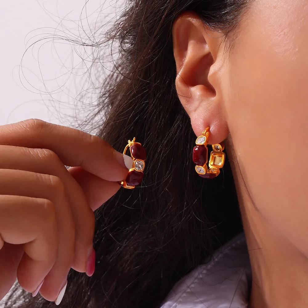 Geometric Copper Earrings with Zircon Inlay