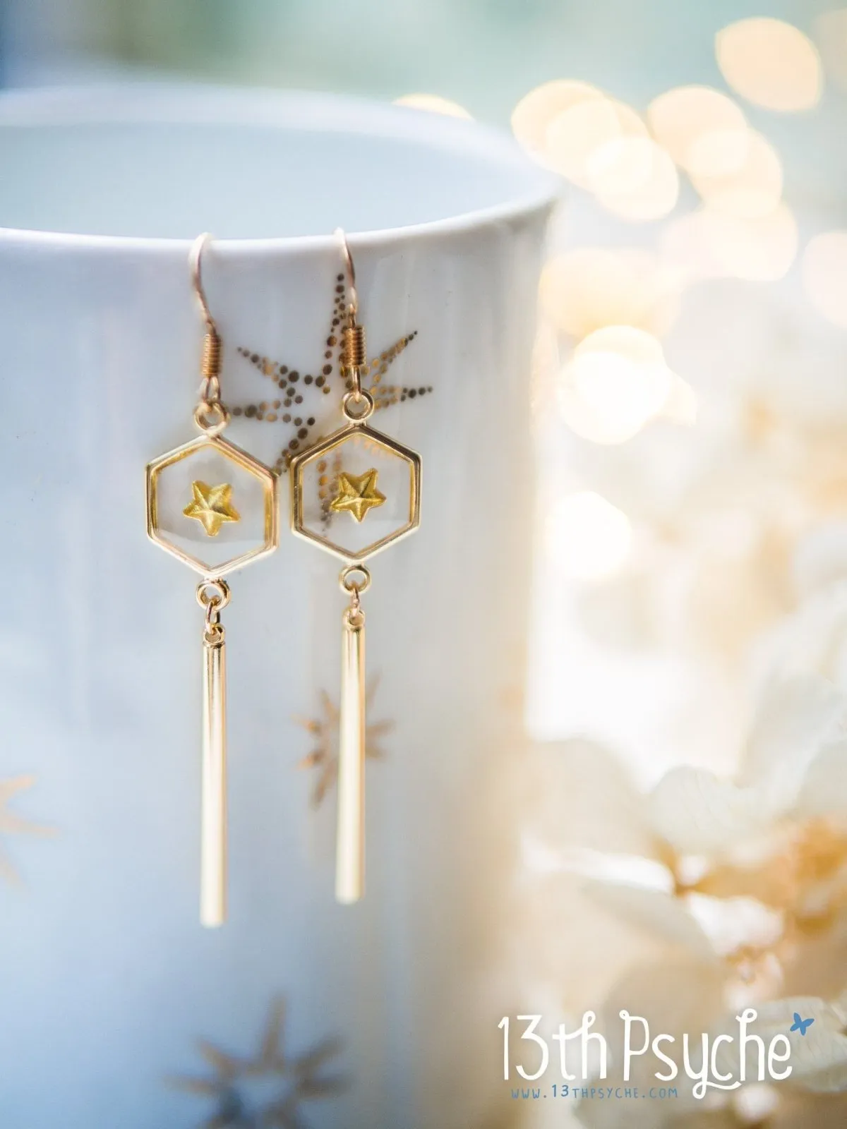 Geometric gold star hexagon dangle earrings